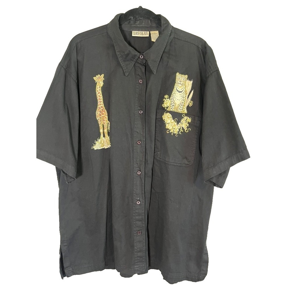 Vintage Safari Neutral‎ Shirt 2X Animal Print Leopard Embroidery Boho Indie 80s